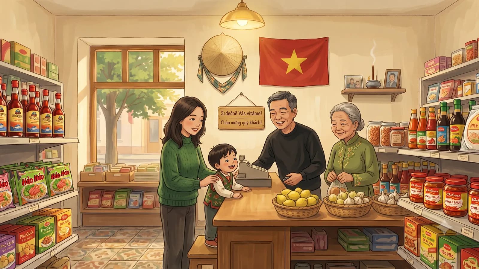 Vícegenerační vietnamská rodina pohromadě u pultu večerky